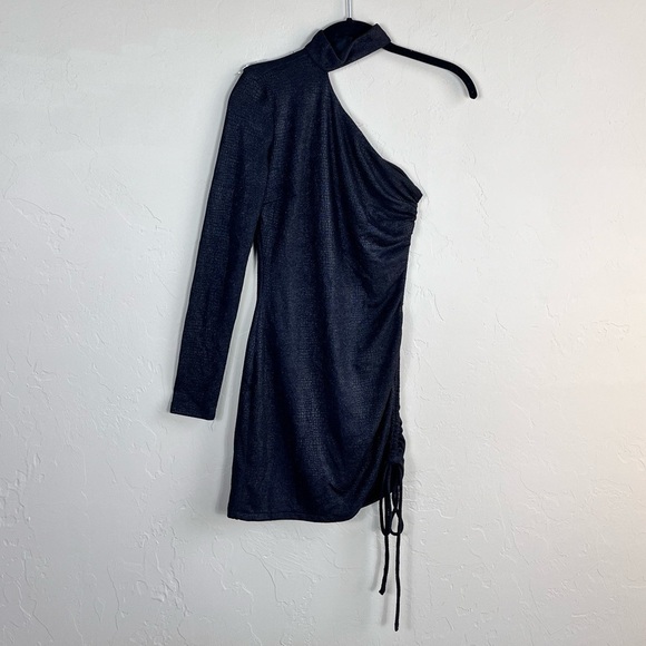 Hours x Revolve Metallic Black One Sleeve Choker Neck Bodycon Mini Dress - Picture 1 of 8